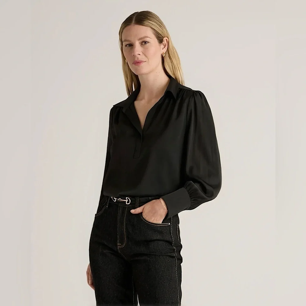 NWT! Banana Republic Women's Black Satin Long Sleeve Blouse - Size XL